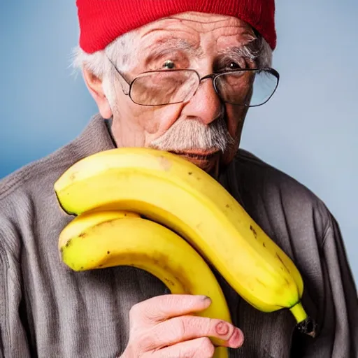 Prompt: a old person with a banana ice on his head