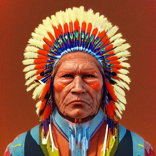 Image similar to abstract 3d portrait Native American in his traditional clothes age 40 by james jean and Jason Chan, rendering, redshift, octane