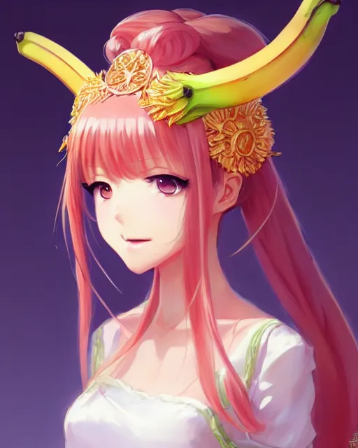 Image similar to character concept art of an anime banana goddess | | cute - fine - face, pretty face, realistic shaded perfect face, fine details by stanley artgerm lau, wlop, rossdraws, james jean, andrei riabovitchev, marc simonetti, and sakimichan, trending on artstation