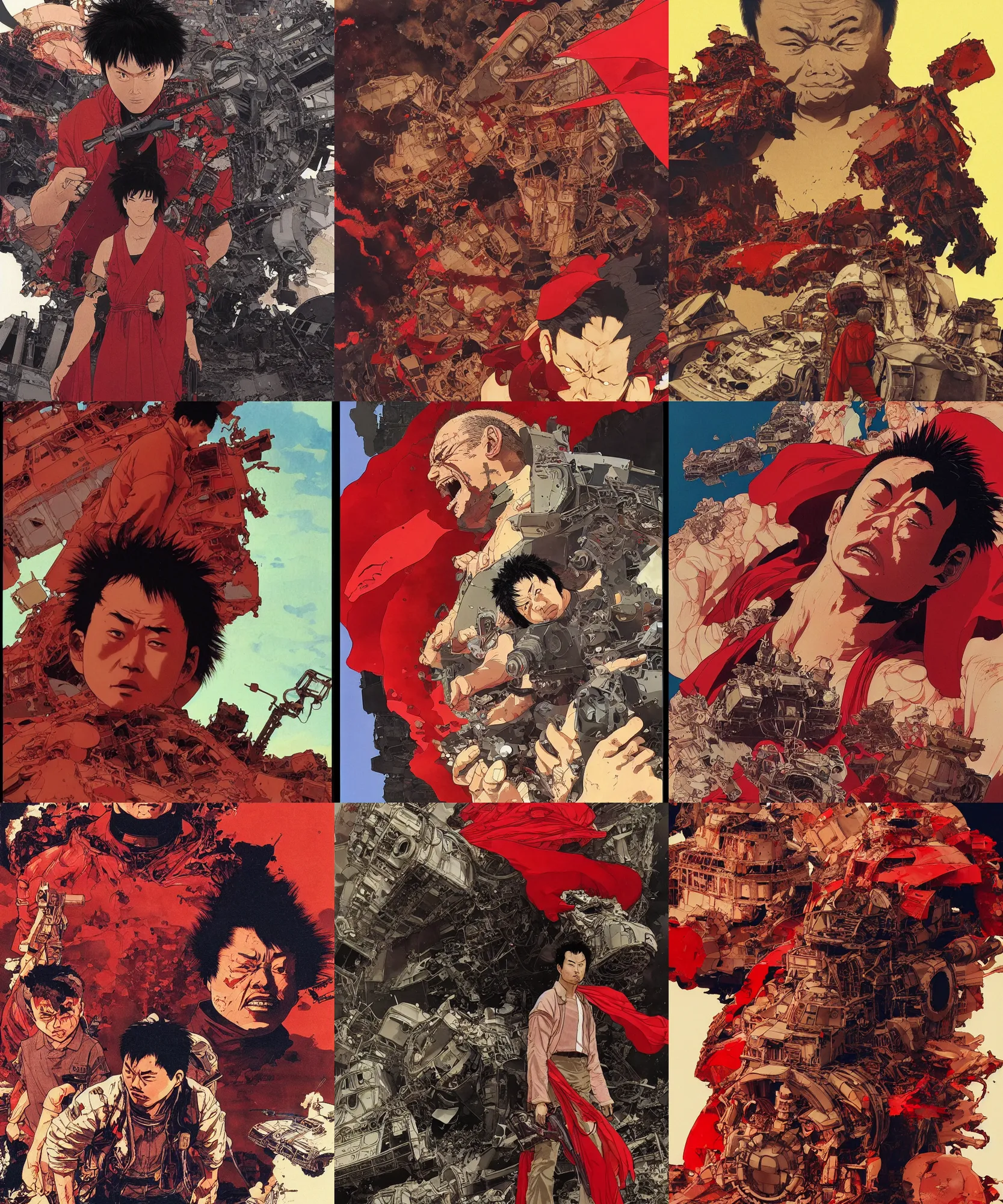 Prompt: katsuhiro otomo, a movie still of destroyed tanks and a close up of angry tetsuo with red cape from akira, vibrant colors and hard shadows and strong rim light, comic cover art, plain background, trending on artstation, in the style of katsuhiro otomo greg rutkowski alphonse mucha