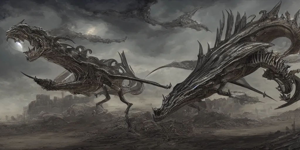 Image similar to one giger wyvern attacking desert city, in style of federico pelat and greg rutkowski