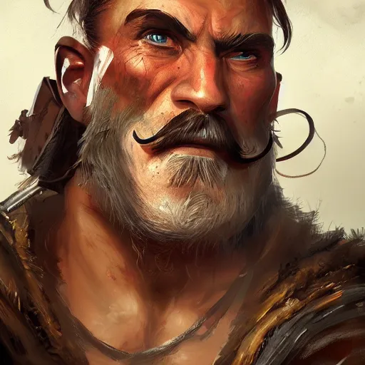 Image similar to portrait old barbarian warrior with trucker mustache and short hair, 8 k, trending on art station, by tooth wu and greg rutkowski