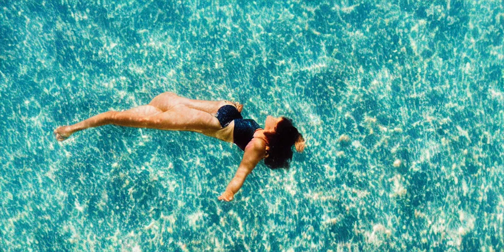 Prompt: wide angle view, looking up, beautiful woman of color swimming in ocean , boat, sun rays ,caustics , 35mm film , cinematic, underwater photography