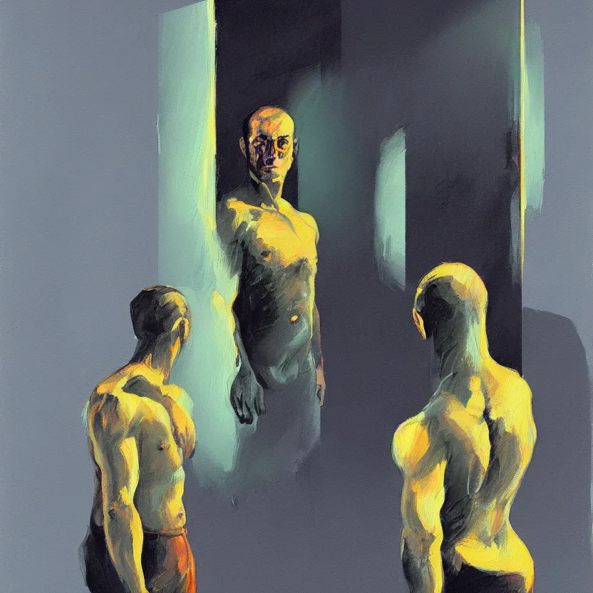 Prompt: a painting of a man standing in front of a mirror in a dark void ambient, a gouache by nathan oliveira and elaine de kooning, cgsociety, figurativism, dark surreal art, painterly, paint strokes, smudged paint, palette knife texture, pencil scribles, digital illustration, artstation