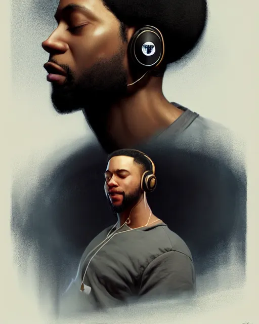 Image similar to light skin black man with headphones at his home studio producing music late at night, very detailed, 4 k, concept art like ernest khalimov, intricate details, highly detailed by greg rutkowski, ilya kuvshinov, gaston bussiere, craig mullins, simon bisley