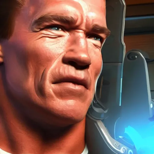 Image similar to a screenshot of arnold schwarzenegger as tracer in overwatch