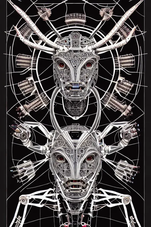 Image similar to a centered uncut fullbody frontview portrait of a robotic minotaur headed biomechanical creature by clogtwo and subjekt zero feat paul lewin and ø - cult. intricate detailed sharp clean textured very ornated. indian style tapestry design. hd. 4 k. lowbrow color palette