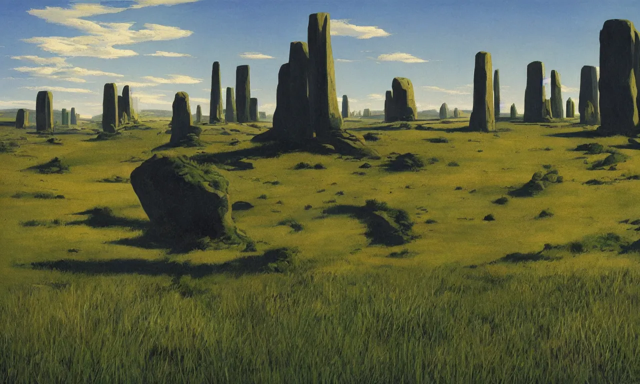 Prompt: Green grasslands with scientific monoliths in them by Syd Mead, Federico Pelat