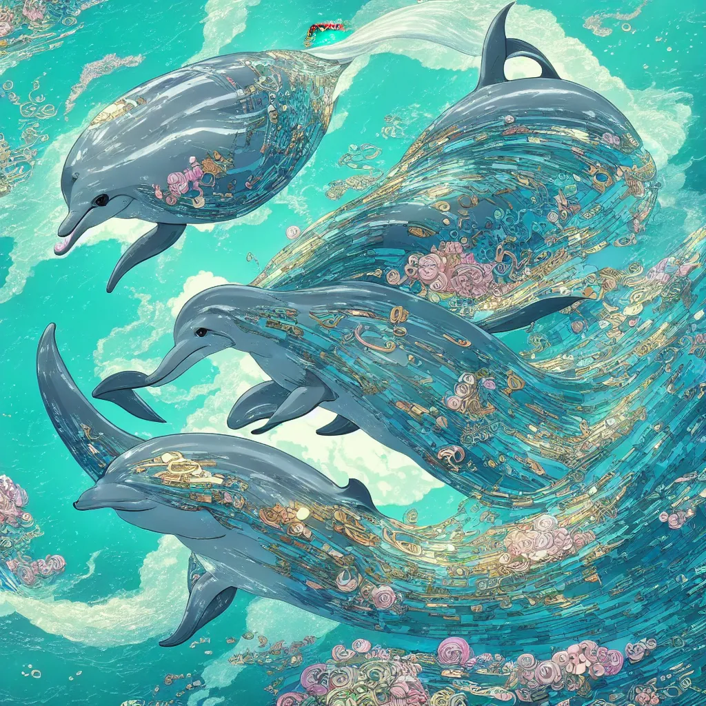 Image similar to a beautiful hyperdetailed character design 4 k wallpaper illustration of a cute dolphin, city by the sea, victo ngai cyberpunk style, from china, style of studio ghibli, makoto shinkai, raphael lacoste, louis comfort tiffany, artgerm, james jean, ross tran, chinese style