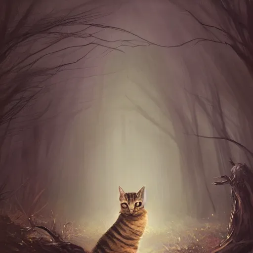 Prompt: tabby cat in a dark moonlit forest, serene, highly detailed, by Greg Rutkowski, trending on artstation, 4k