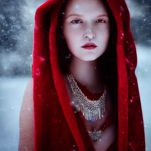 Image similar to winter night, snow, beautiful red haired pale woman wearing bikini top and long cloak, diamond necklace, long hair, symmetric face, single face, full body, photography, octane render, cinematic, 3 0 mm