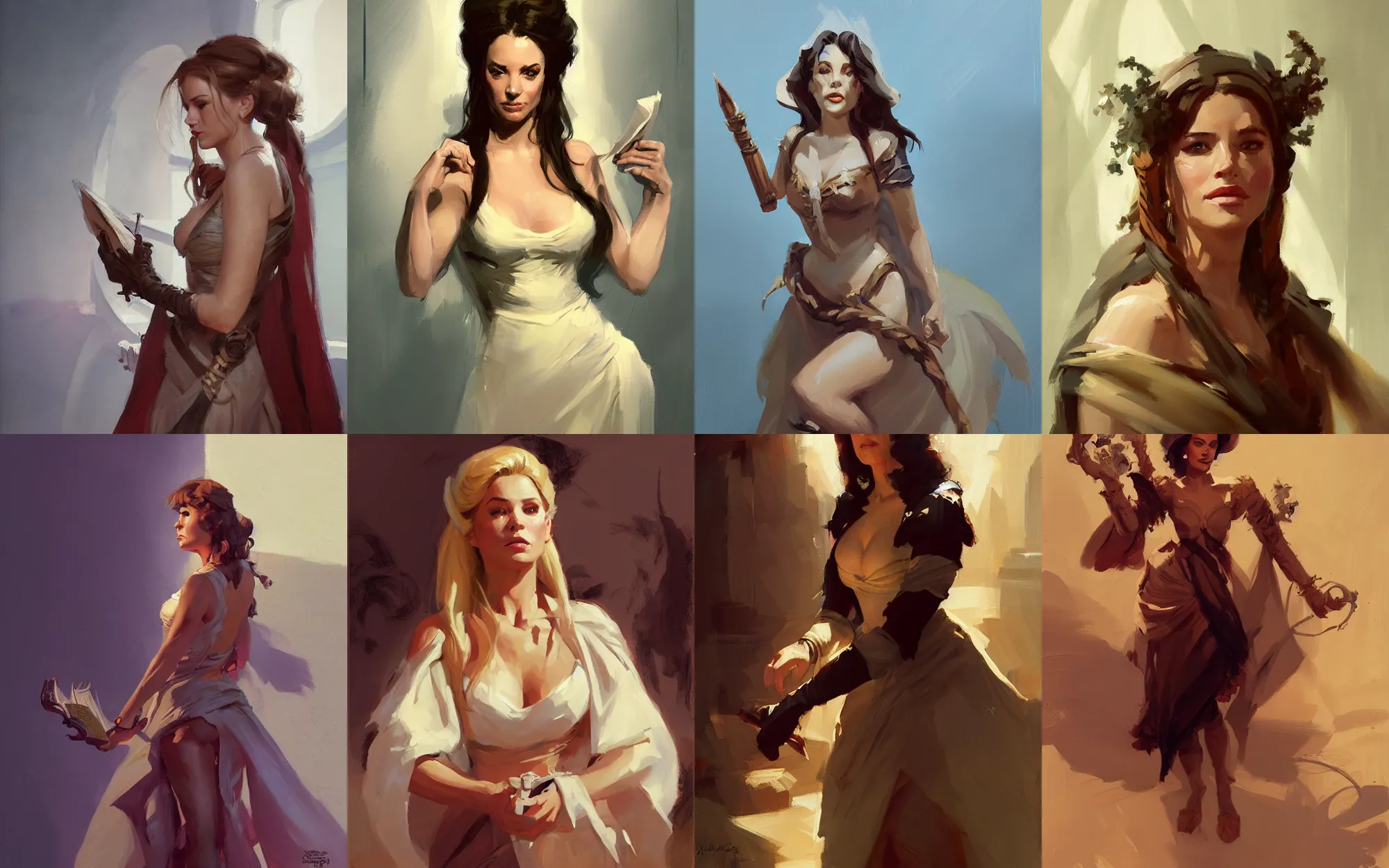 Prompt: portrait of hollywood actress in dress cloth greg manchess portrait painting of bard, d & d, fantasy, medium shot, asymmetrical, intricate, elegant, matte painting, illustration, hearthstone, by greg rutkowski, by greg tocchini, by james gilleard, by joe fenton