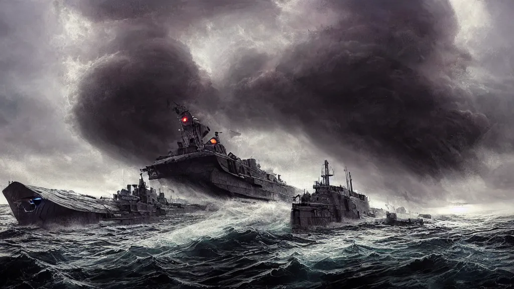 Prompt: soviet submarine kursk destroyed by giant massive kraken, stormy ocean in the right background, stormy weather, intricate, detailed, volumetric lighting, sharp focus, scenery, digital painting, highly detailed, concept art, ruan jia, steve mccurry