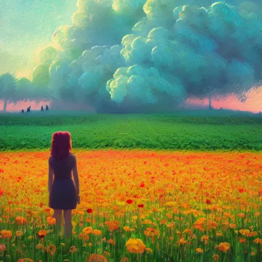 Image similar to flower face, girl standing in flower field, surreal photography, big trees, sunrise dramatic light, impressionist painting, colorful clouds, digital painting, pointillism, artstation, simon stalenhag