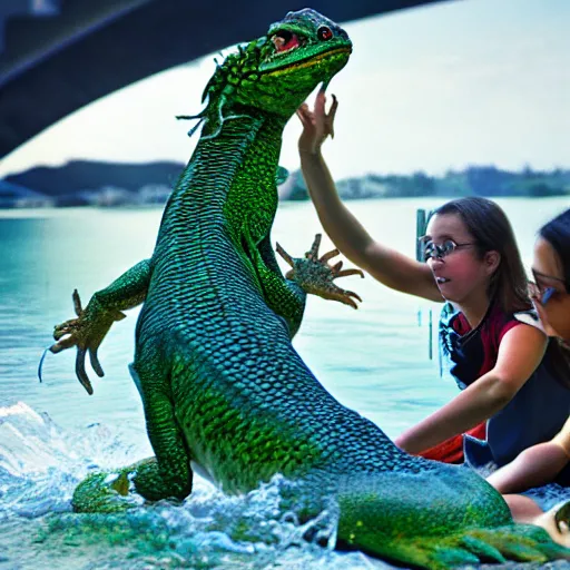 Prompt: people viewing a water dragon getting out of the water, photorealistic, 4k, more than accurate