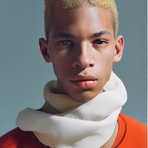 Image similar to realistic photoshooting for a new balenciaga lookbook, color film photography, portrait of a blonde european model, in style of tyler mitchell, 3 5 mm,