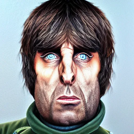 Image similar to Caricature portraits done of Liam Gallagher, realistic, hyperrealistic, very realistic, highly detailed, very detailed, extremely detailed, detailed, oil painting, digital art, trending on artstation