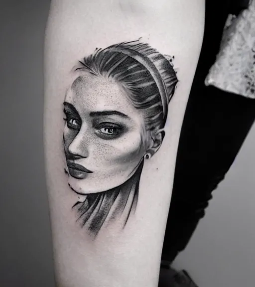 Image similar to tattoo design sketch of an extremely beautiful woman face next to a faded background of beautiful mountains on her side, hyper - realistic, double exposure effect, in the style of matteo pasqualin, amazing detail, black and white, faded