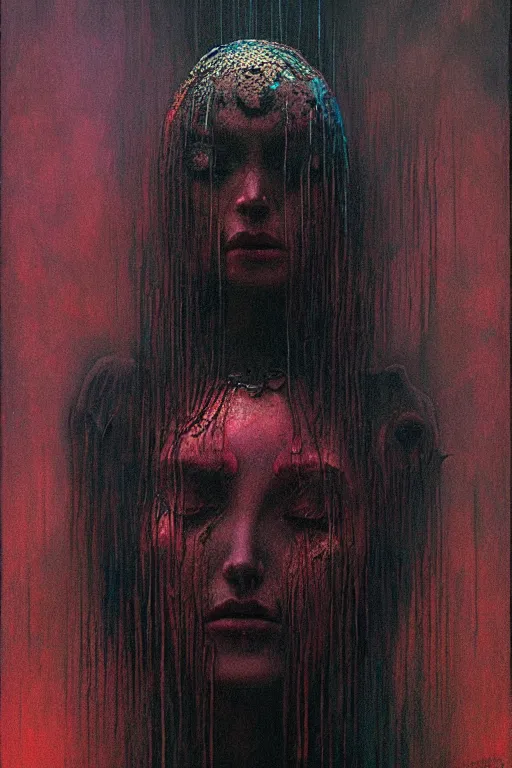 Image similar to queen of darkness painting in the style of beksinski, violent, high delicate defined details, beautiful, atmospheric, rain, matte, 3 d 8 k octane rendered, sharp focus, illustration, holographic undertones, high detail, ultra realistic, highly saturated colors