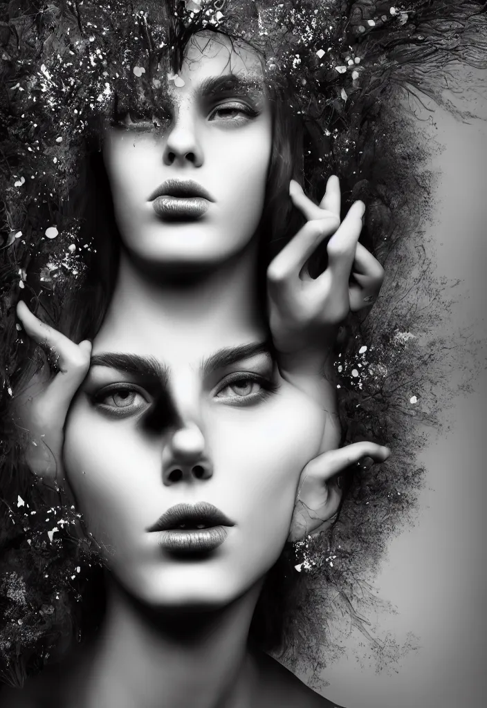 Image similar to young beautiful woman, gorgeous face, black and white photography, surreal, artist, flipped hair, 8 k, unreal engine 5, ultra sharp focus, art by victoria siemer, kirsty mitchell, laura zalenga