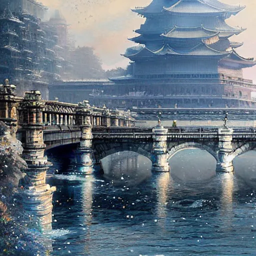 Prompt: Imperial Palace and Nijubashi Bridge, water, reflection, stone bridge, art by greg rutkowski, art by craig mullins, art by thomas kincade, art by Yoshitaka Amano n 9