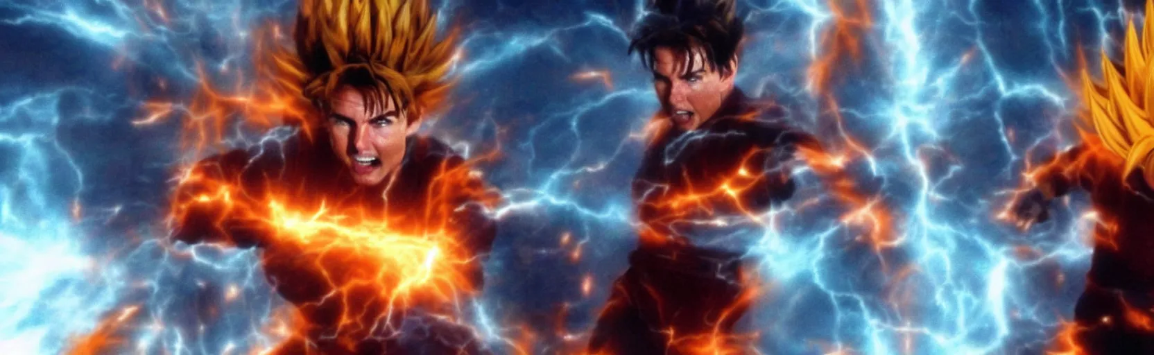 Image similar to ' tom cruise'as'goku'charging super saiyan, cinematic scene, award winning