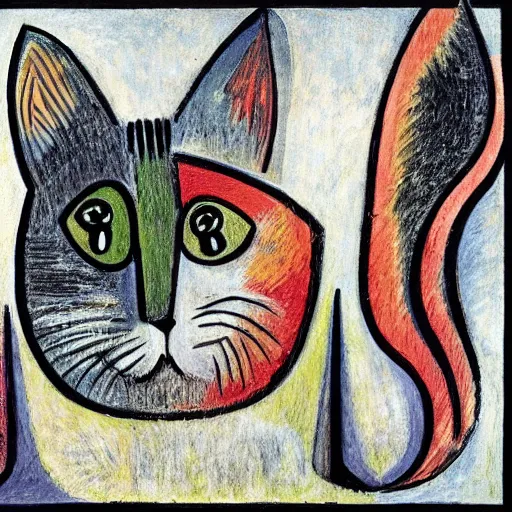 Prompt: a cat, in the style of picasso and max ernst abd ralph steadman