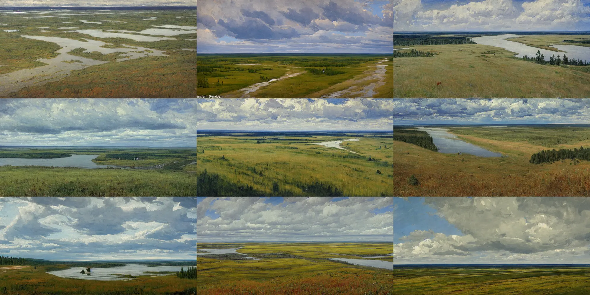 Prompt: painting in the style of Isaac Levitan, Savrasov, ivan shishkin, T Allen Lawson and Ian Fisher and sidney richard percy, view from above from plane, wide river and tiny house on the top of the hill, summer siberian taiga, coast, strong wind, road to the sea, low clouds after rain, wet grass, dream heavenly cloudy sky, horzon, hurricane stromy clouds, roads among fields, Alpes, small village, forests and mountains at sunset sunrise, volumetric lighting, very beautiful scenery, pastel colors, ultra view angle view