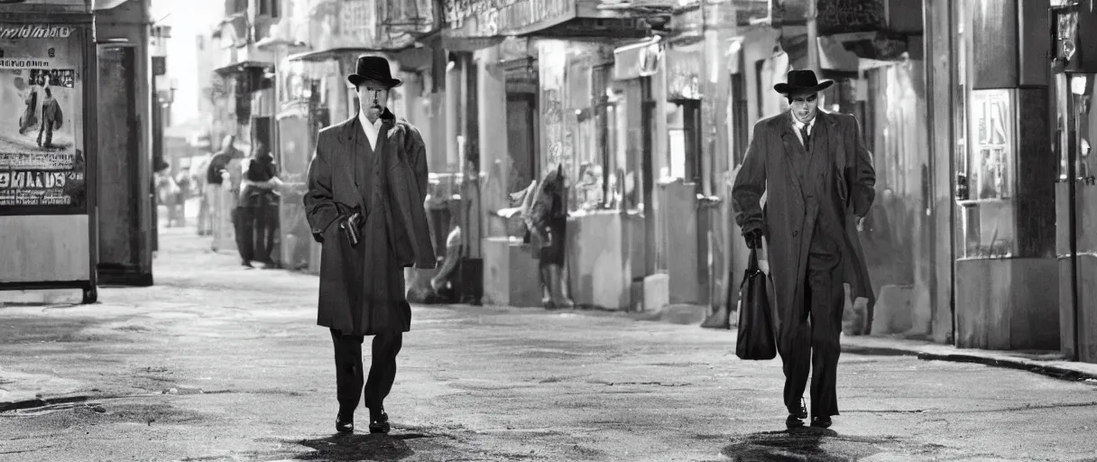 Image similar to a film noir detective walking along a street; extremely detailed; film still