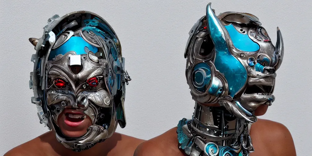 Prompt: a beautiful cyborg made of ceremonial dolphin maske