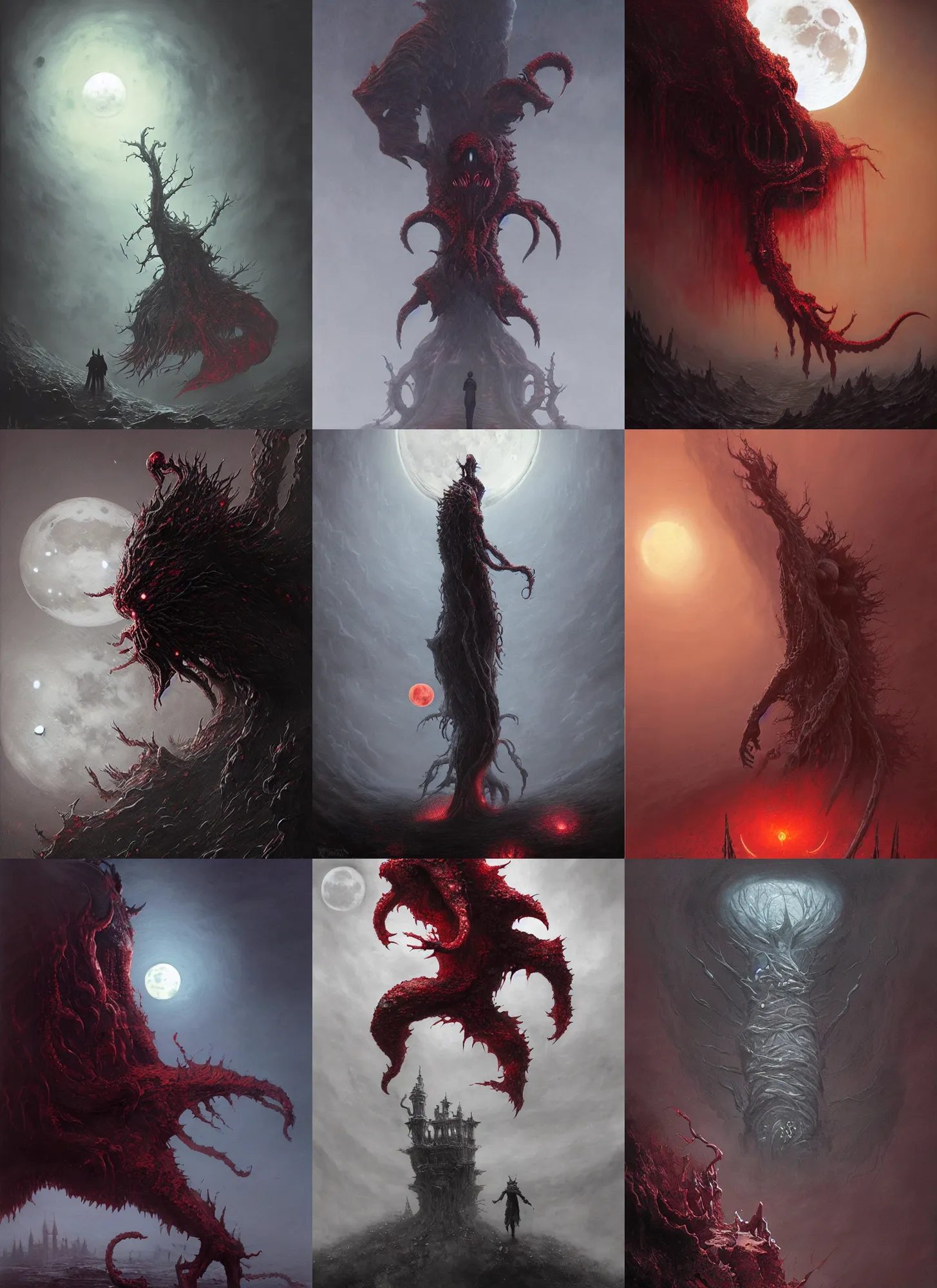 Prompt: the moon presence, a lovecraftian monster climbing down from the crimson red moon, bloodborne, by kouichirou harada and daniel gerhartz and zdzisław beksinski, trending on artstation