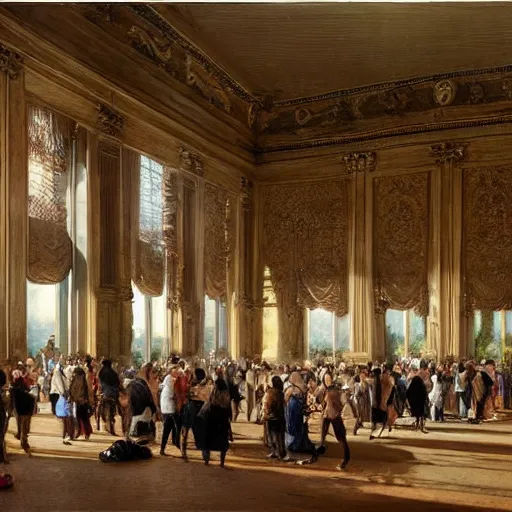 Prompt: A beautiful body art of a large room with many people in it. There is a lot of activity going on, with people talking and moving around. The room is ornately decorated and there is a large window at one end. cartoon by William Trost Richards minimalist, CGI