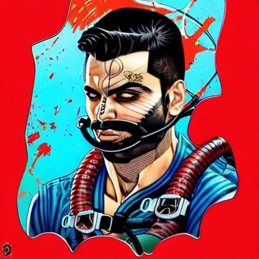 Image similar to a profile photo of a persian man with a diving oxygen mask with side profile blood in ocean intricate details by MARVEL comics and Sandra Chevrier-C