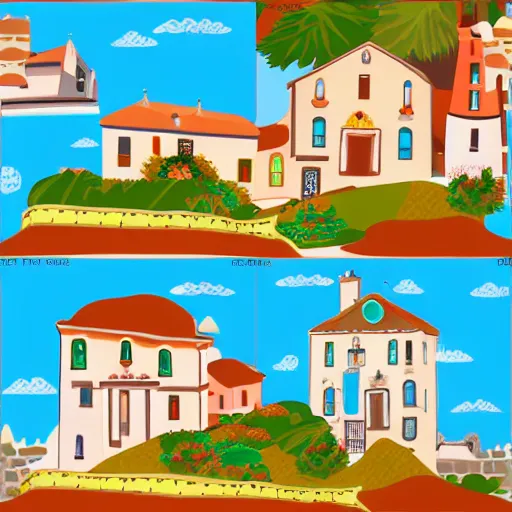 Prompt: A Spanish village. Seamless parallax background, Vector design, Tileable horizontally.