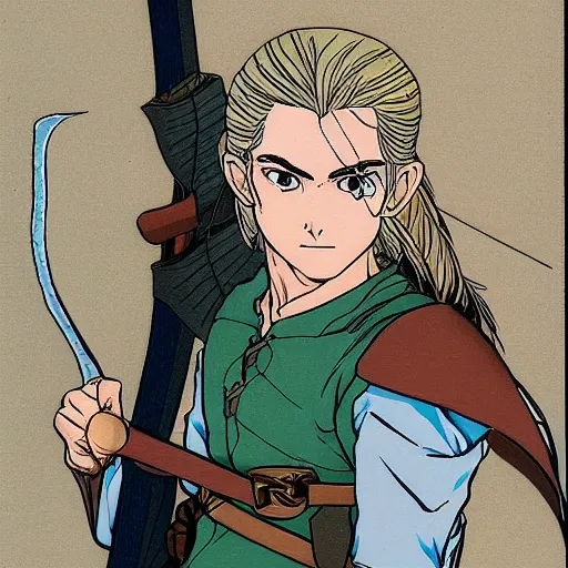 Image similar to Portait of Legolas in an 80s anime version of Lord of the Rings, holding a longbow, very detailed, ultra realistic, handpainted, Satoshi Kon, Hiyao Miyazaki, Katsuhiro Otomo