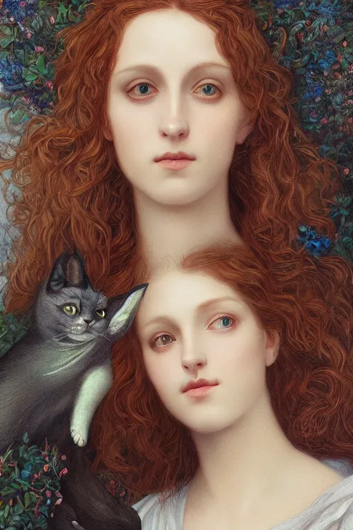 Prompt: A extremely beautiful pre-raphaelite portrait of a cute witch and her cat, surreal, ultradetailed, intricate, elegant, lithe, detailed, digital painting, artstation, concept art, smooth, sharp focus, illustration, ethereal, regal, award winning picture, extremely detailed masterpiece