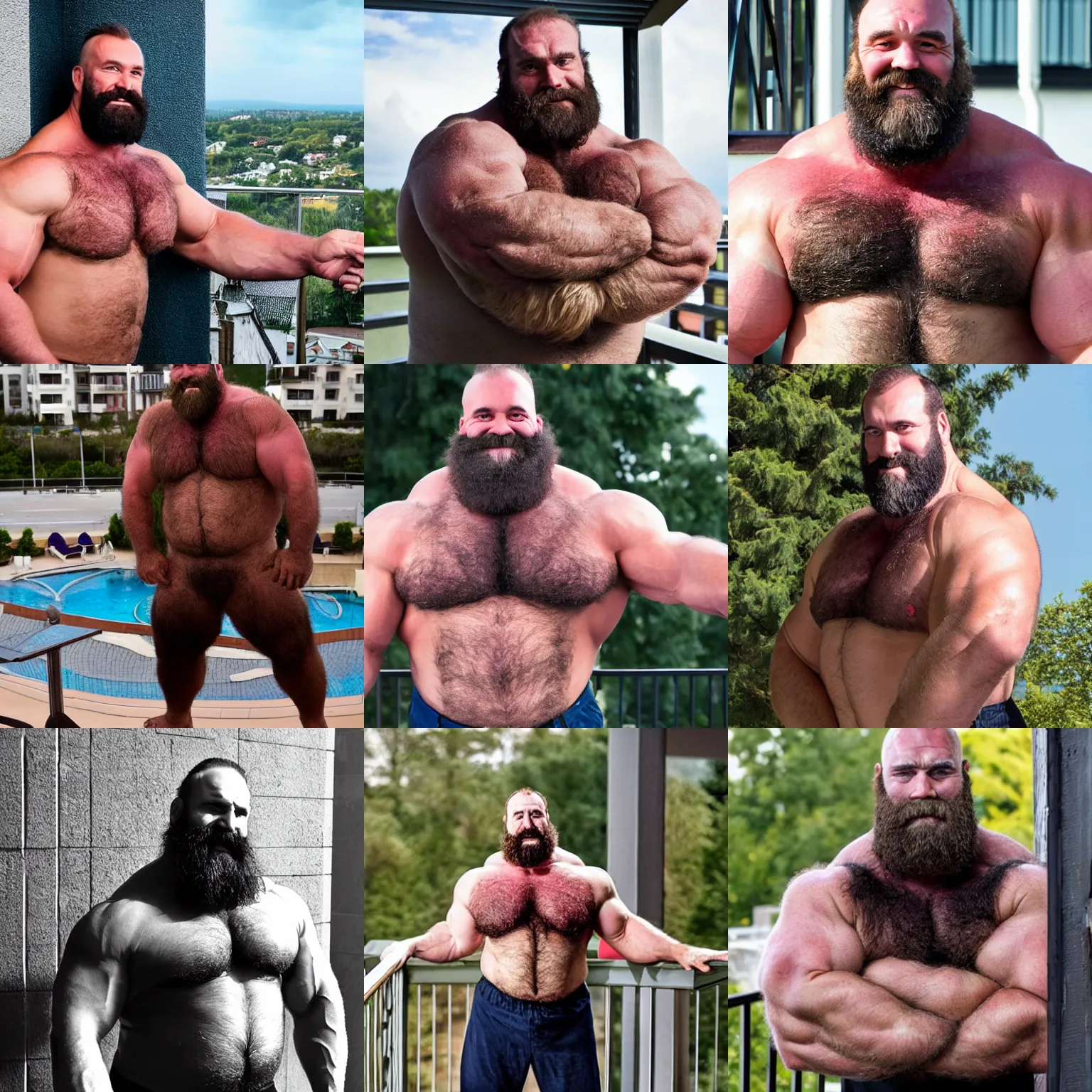 Prompt: big burly hairy muscle bear daddy strongman looking at the camera from his balcony, photography