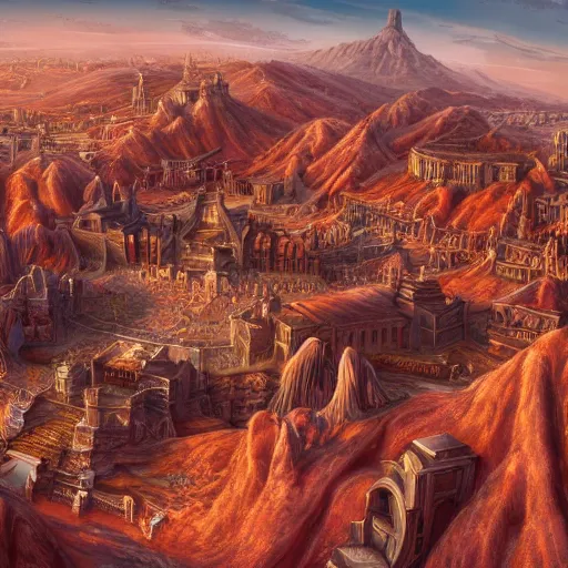 Image similar to Sprawling view of detailed fantasy city with greek architecture and intricate walls surrounded by a red desert; trending on artstation