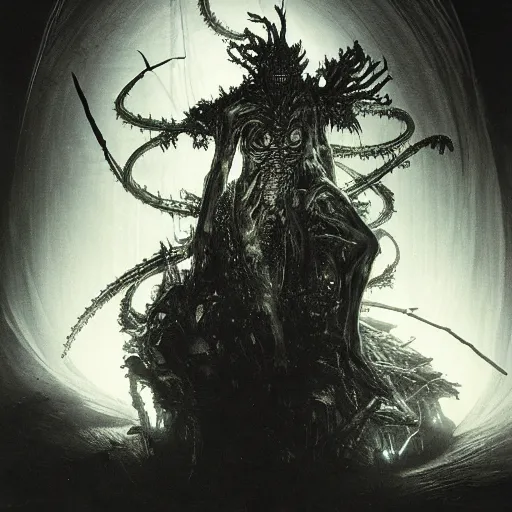 Prompt: a nightmarish mysterious demonic creature, translucent neon, cinematic by tsutomu nihei, by emil melmoth, gustave dore, craig mullins, yoji shinkawa,