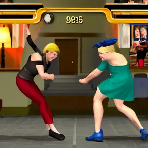 Image similar to Mortal Combat 5 screenshot of first Minister Nicola Sturgeon fighting British conservative Mp Liz Truss in battle