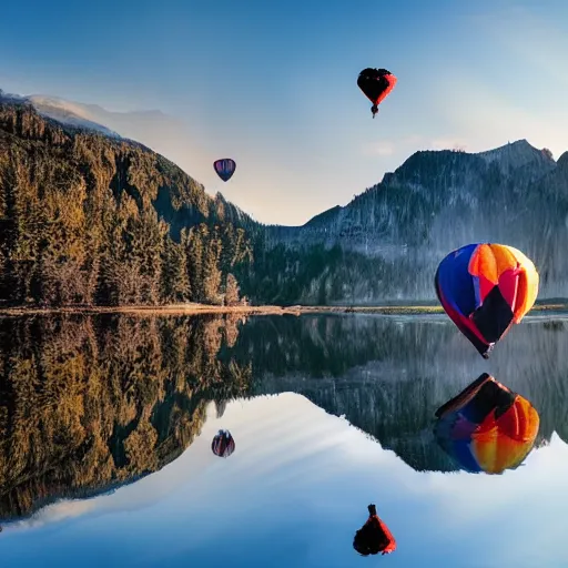 Image similar to photo of two black swans touching heads in a beautiful reflective mountain lake, a colorful hot air balloon is flying above the swans, hot air balloon, intricate, 8k highly professionally detailed, HDR, CGsociety