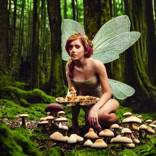 Prompt: A fairy eating mushrooms in a magical forest