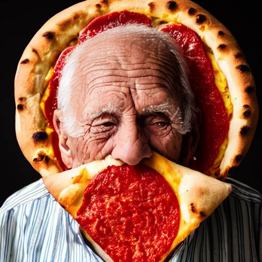 Prompt: an elderly man wearing a mask made from a pizza, bold natural colors, national geographic photography, masterpiece, 8 k, raw, unedited, symmetrical balance