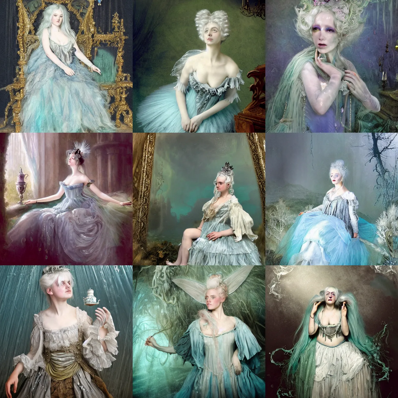 Prompt: A silver haired mad, narcissistic, ghost like fairy princess from the 18th century, dressed in a ragged, dirty, Queen Victoria's wedding dress drinks a tea in her luxurious, horroristic underwater palace. mystical, atmospheric, greenish blue tones, underwater photography, concept art by Annie Stegg Gerard, Ian David Soar, John Anster Fitzgerald, and John Everett Millais