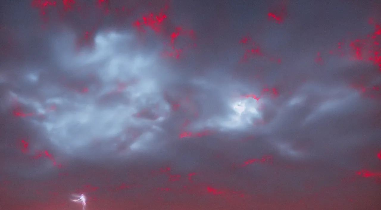 Image similar to red sprites in the atmosphere, clouds below, photo