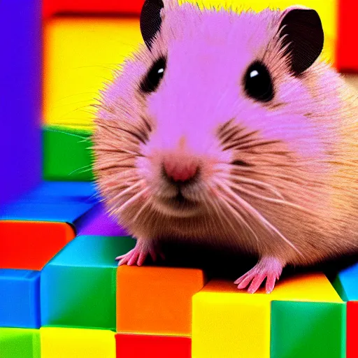 Prompt: hamster made out of large blocky rainbow gems, 8 k hd