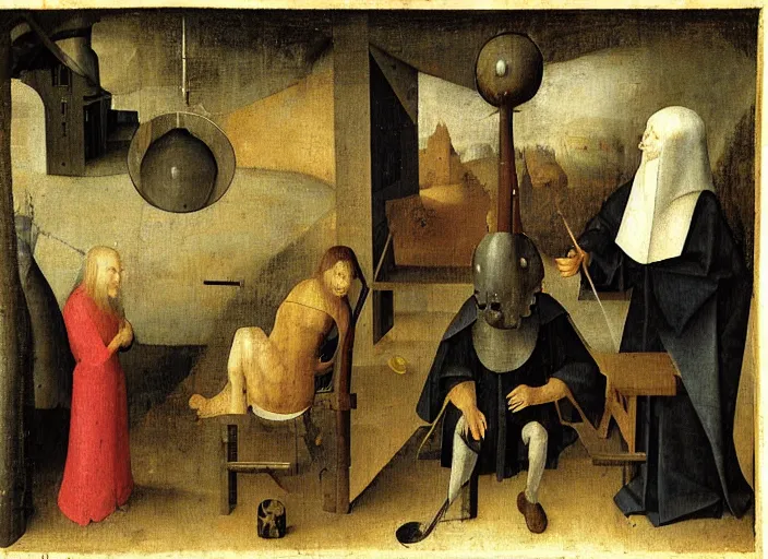 Image similar to judge wearing a bench wig is making a haircut to another judge with a bench wig, only two person in the scene, by hieronymus bosch, fractals