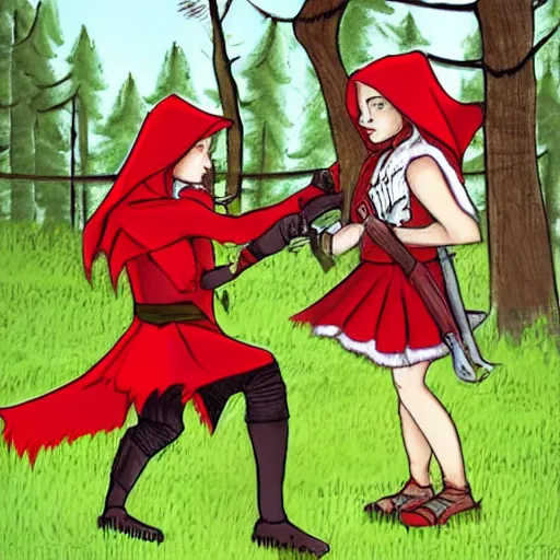 Prompt: photo of red riding hood warrior fending off a werewolf
