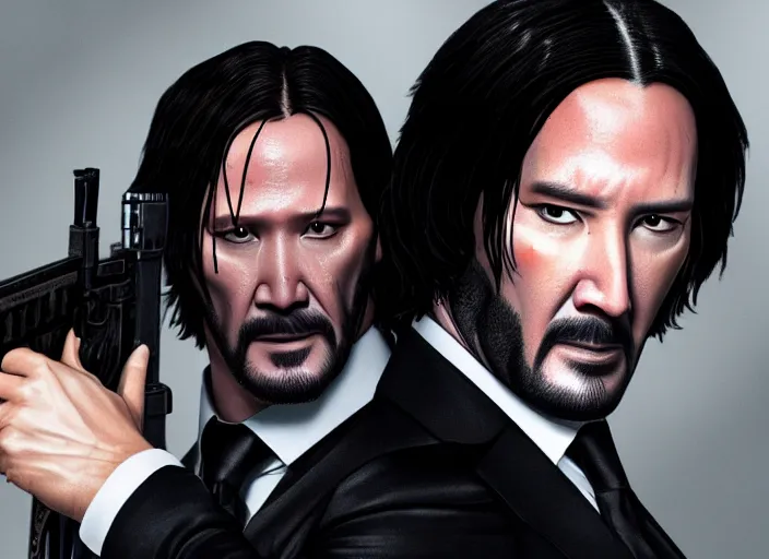 Image similar to genderswapped john wick, award winning shot, close up, action movie