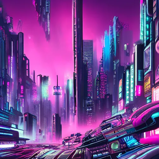 Image similar to an overpopulated, busy, dark cyberpunk metropolis with flying cars, fuchsia and blue, hundreds of people humans in the streets packed like sardines, smog, tv screens, the fifth element inspired digital art